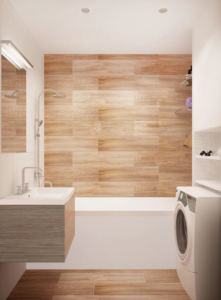 Дизайн-проект ванной комнаты 3 кв.м в белых и древесных тонах, керамическая плитка, ванна, зеркало, белый шкаф
