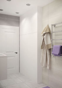 Интерьер ванной комнаты 6 кв.м в серо-бежевых тонах, сушилка, белая плитка, потолочные светильники