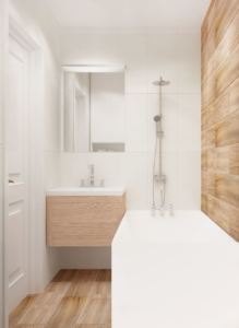 Интерьер ванной комнаты 3 кв.м в белых и древесных тонах, бела ванна, подвесная тумба, зеркало, потолочные светильники 
