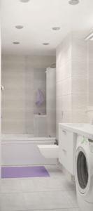 Проект ванной комнаты 6 кв.м в белых и бежевых тонах, ванна, раковина, зеркало, светильники
