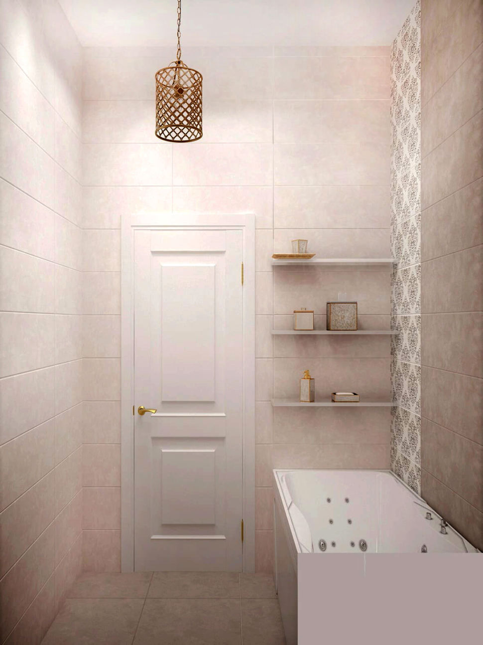 Интерьер ванной комнаты 3 кв.м в бежевых оттенках, белая ванна, тумба, плитка, подвесной светильник, зеркало