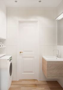Визуализация ванной комнаты 3 кв.м в белых и древесных тонах, стиральная машинка, зеркало, раковина, тумба