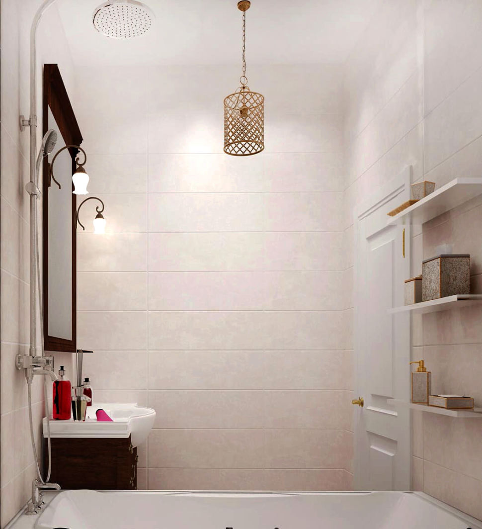 Дизайн-проект ванной комнаты 3 кв.м в кофейных оттенках, раковина, ванна, подвесные полки, зеркало, светильники