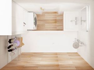 Интерьер ванной комнаты 3 кв.м в белых и древесных тонах, стиральная машинка, ванна, полки, раковина, зеркало