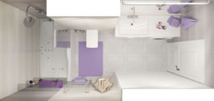 Интерьер ванной комнаты 6 кв.м в серо-бежевых тонах, ванна, стиральная машинка, сушилка, раковина, унитаз
