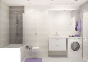 Дизайн-проект ванной комнаты 6 кв.м в лавандовых тонах, ванна, унитаз, раковина, зеркало, стиральная машинка