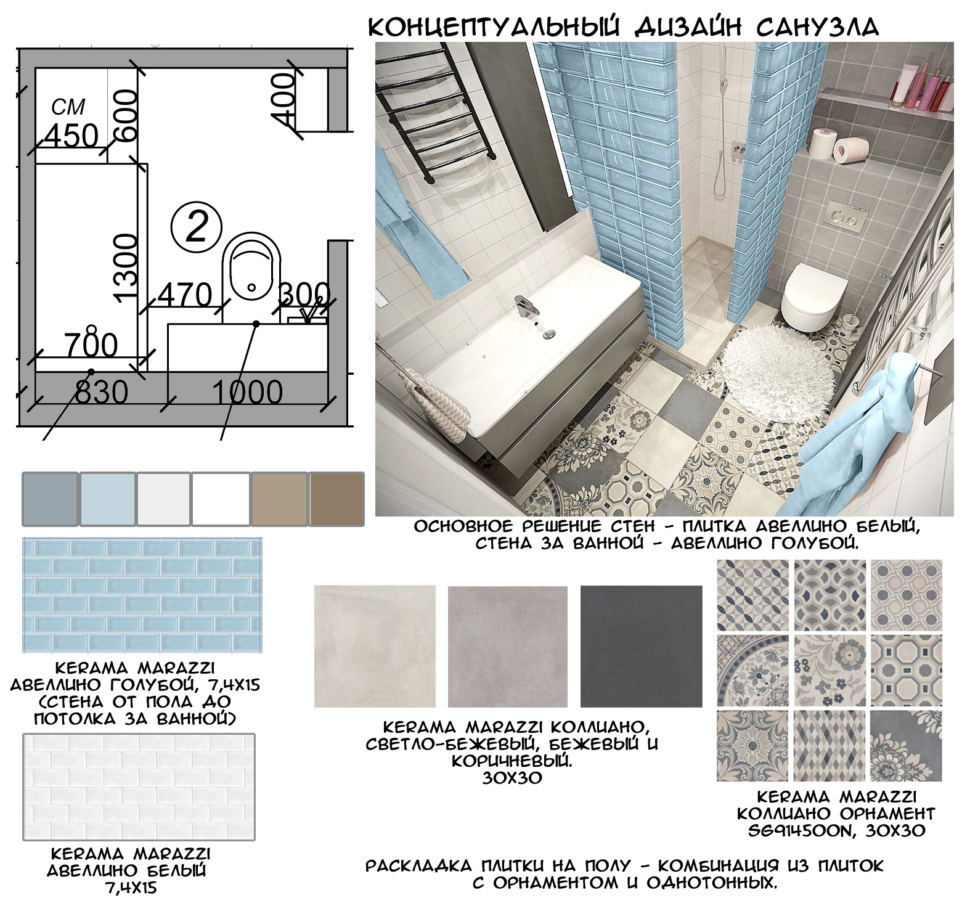 Концептуальный коллаж ванной комнаты 3 кв.м, орнамент, белый кирпич, керамическая плитка