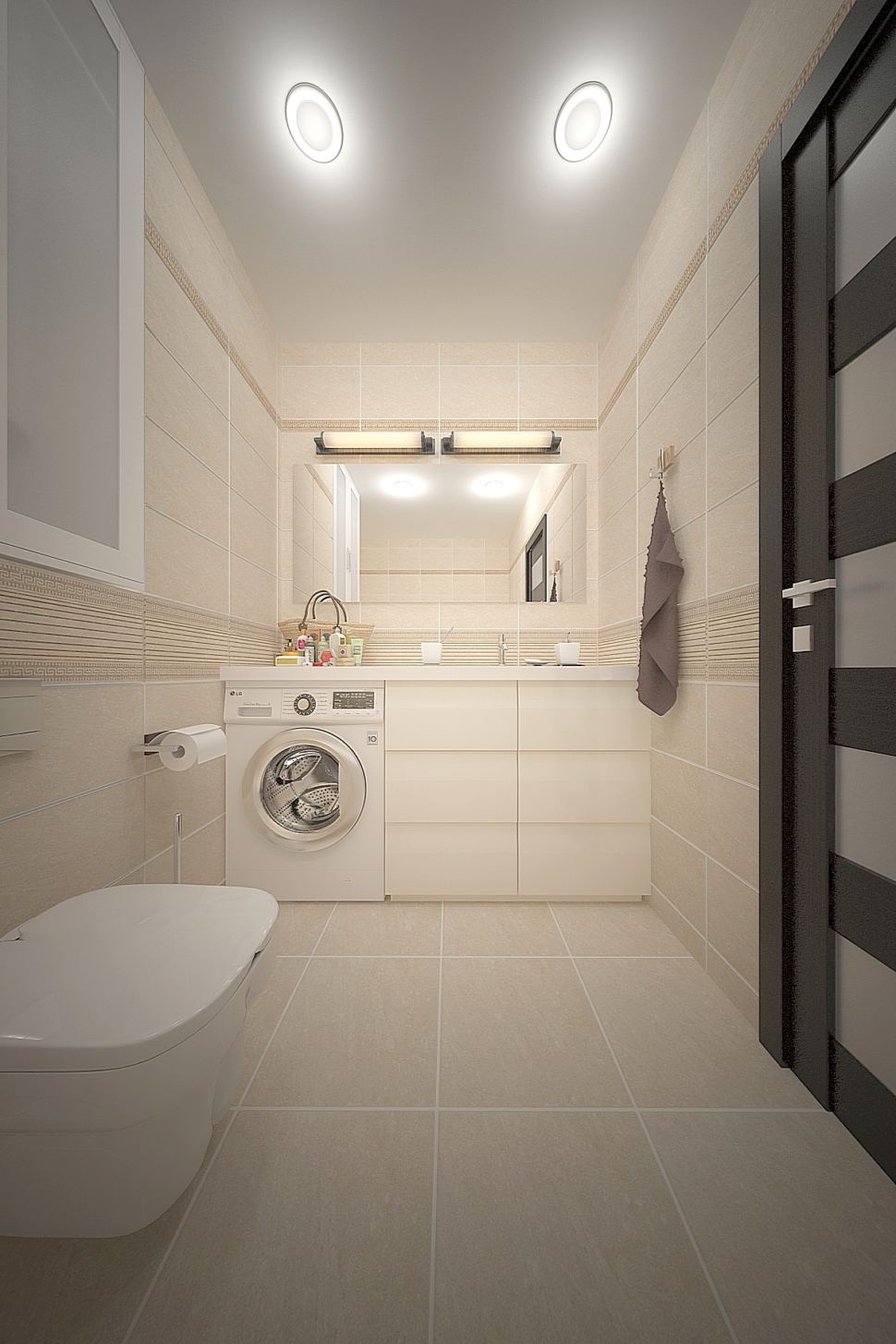 Проект ванной комнаты 3 кв.м в бежевых тонах, межкомнатная дверь, белый шкаф, стиральная машина, тумба, мойка, зеркало