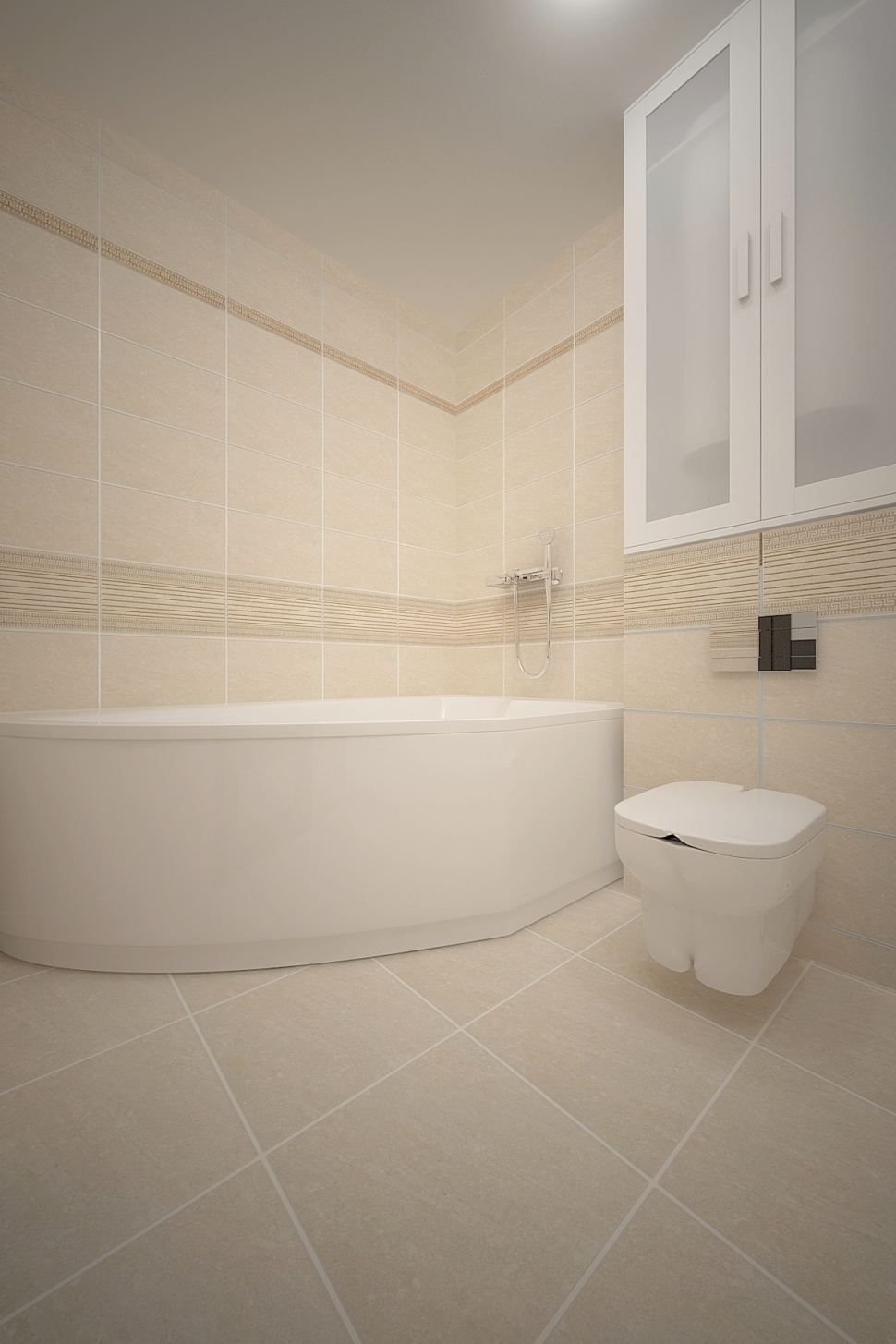 Дизайн-проект ванной комнаты 3 кв.м в бежевых тонах, керамическая плитка бежевая, белый шкаф, унитаз, ванна