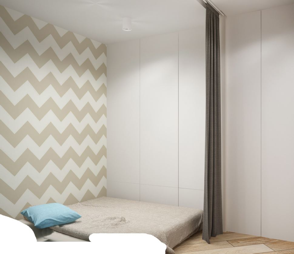 Дизайн-проект спальни 5 кв.м в серых тонах, декоративные обои, светильники. белый шкаф, паркет