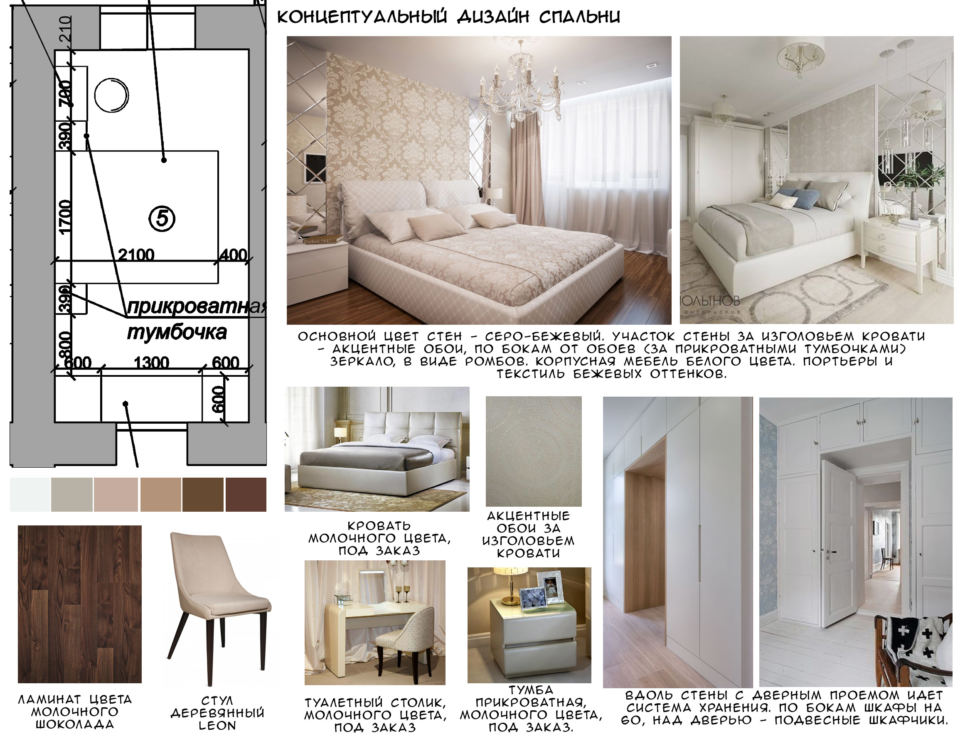 Концептуальный дизайн спальни 12 кв.м, стул, ламинат, белый туалетный столик, кровать, тумба, подвесные шкафчики