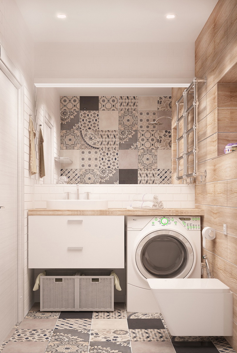 Дизайн-проект ванной комнаты 4 кв.м в теплых оттенках, белая подвесная тумба, полки, зеркало, плитка, керамическая плитка